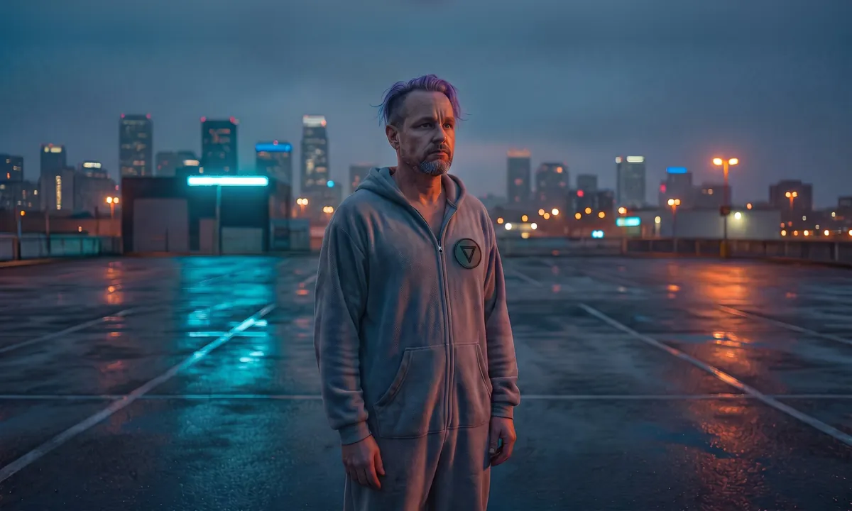 A man with purple hair, in a grey hooded onesie with a triangle badge and front pockets, stands alone in a rain-soaked car park at night, city lights behind him.